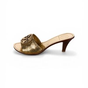 Tory Burch Gold Metallic Leather Logo Mule Heels Slides Size 6